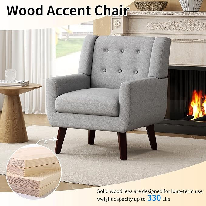 Accent Chairs Mid-Century Modern Upholstered Living Room Armchair Comfy Oversized Linen Fabric Single Reading Arm Chair with Tufted Back and Wood Legs for Bedroom Club (1 Light Grey)