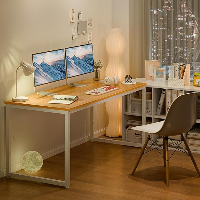 SUPER DEAL Computer Desk 55 Inch Modern Sturdy Office Desk PC Laptop Notebook Simple Writing Table for Home Office Workstation Natural Oak