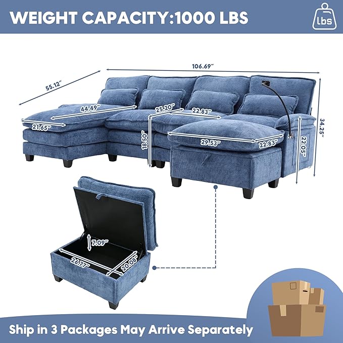 U Shape Sectional Sofa Cloud Couch 106.7 Modern Chenille Comfy Modular Couch with Storage Ottoman 4 Seat Upholstery Sofas with USB Port &amp Phone Holder for Living Room Navy Blue