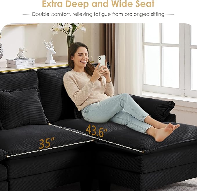 URRED Modular Cloud Couch Sectional Sofa 87 L Shaped Deep Seat Sofa with Ottoman &amp Pillows Ultra Comfy Corduroy Loveseat Sofa for Living Room Apartment or Bedroom Black | Corduroy Fabric