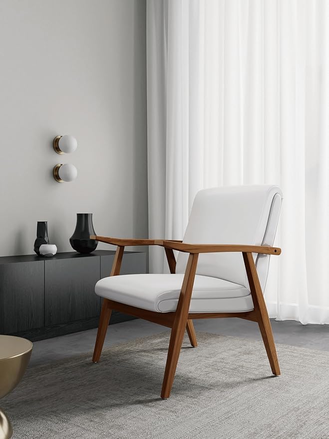 Manhattan Comfort Archduke Mid Century Modern Accent Chair Set of 2 Fully Assembled Made of Beech Wood Frame Upholstered in Faux Leather Ideal for Living Room Bedroom &amp Office Use White