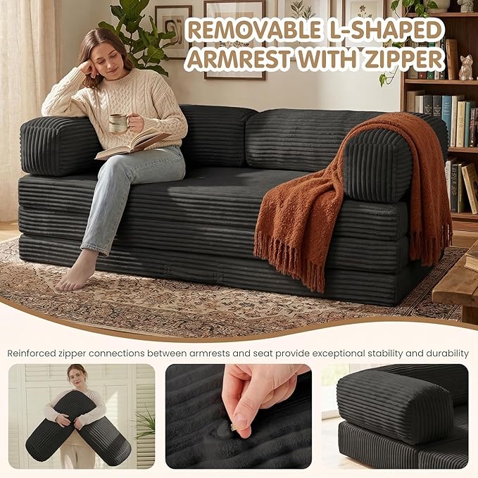 Folding Sofa Bed Convertible Sleeper Chair with Pilow Foldable Matress 2 in 1 Pull Out Loveseat Sofa Portable Fold Out Chair Bed Floor Couch Lounge for Living Room (Black King-82 Lx76 W)