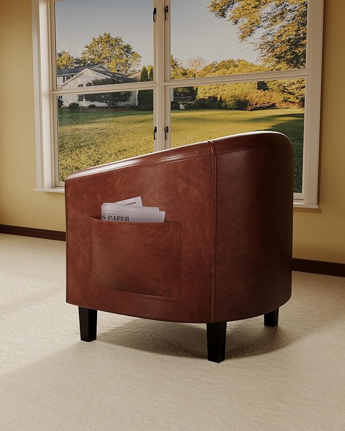DEXSO Faux Leather Barrel Chair Accent Club Chair with U-Shaped Backrest &amp Soft Padded Seat – Elegant Armchair for Living Room Bedroom Office &amp Waiting Areas-Brown