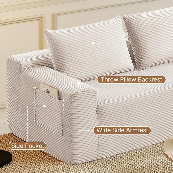 Rovibek 97” Couches for Living Room Modular Sectional Sofa with Chaise &amp Deep Seat Comfy Corduroy Boneless Couch No Assembly Required White