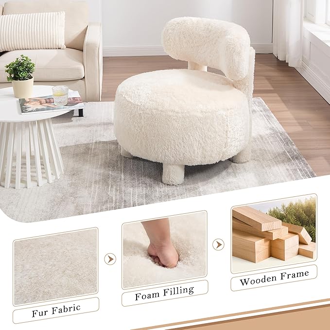 Upholstered Armless Chairs Modern Fur Accent Chair Cute Furry Chairs with Curved Backrest and Solid Wooden Legs for Living Room Bedroom Reading Room White
