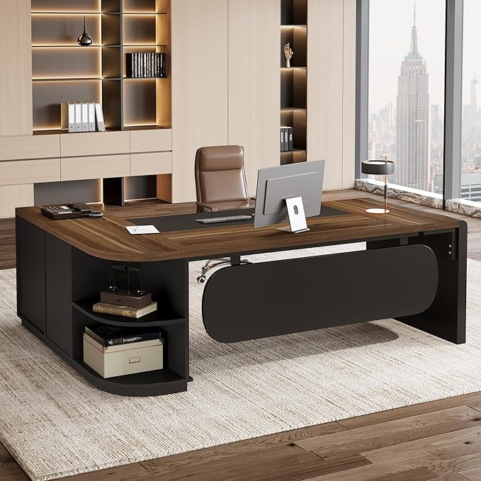 Tribesigns 81-Inch L-Shaped Office Desk Large Commercial Office Desk with Drawers and File Cabinet Modern Professional Business Furniture Workstations with Storage Shelves Brown &amp Black