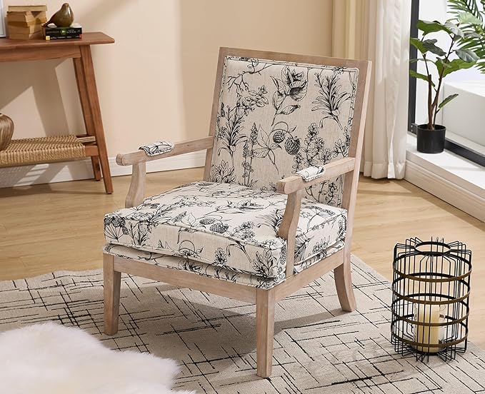 chairus Farmhouse Linen Accent Chair for Living Room Upholstered Reading Chair with Solid Wood Frame Lounge Arm Chair with High Back for Bedroom Reception Room Waiting Room Floral Pattern