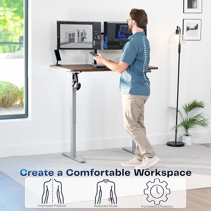 VIVO Electric 48 x 30 in Rustic Standing Desk Memory Height Adjustment 1B Series Holds 220 lbs One-Piece Vintage Brown Top Gray Frame DESK-KIT-1G5N