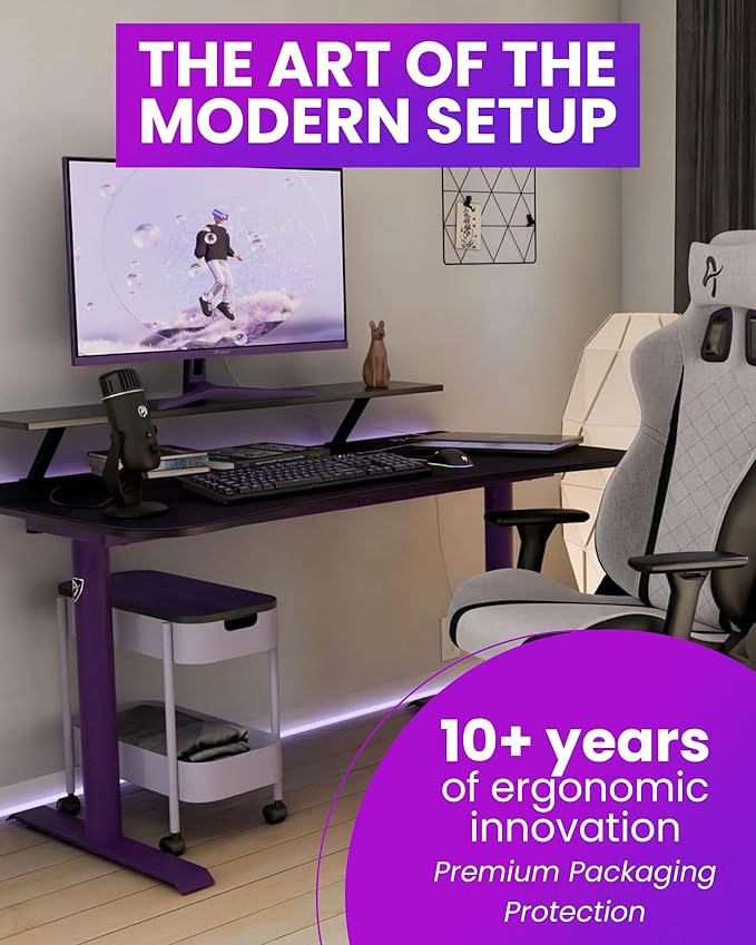 Arozzi Arena Medium Gamer Desk - 55x30” Steel Frame PC Gaming Desk with Storage for Cables &amp Dual-Monitor Support - Full-Surface Washable Mousepad - Purple