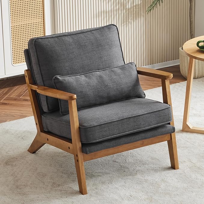 Karl home Accent Chair Wide Armrest Mid-Century Lounge Chair Linen Fabric Armchair with Lumbar Pillow &amp Solid Wood Frame for Living Room Bedroom Balcony Gray
