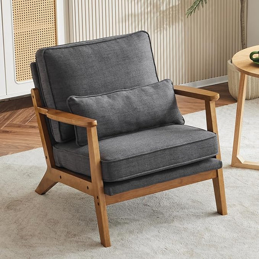Karl home Accent Chair Wide Armrest Mid-Century Lounge Chair Linen Fabric Armchair with Lumbar Pillow &amp Solid Wood Frame for Living Room Bedroom Balcony Gray