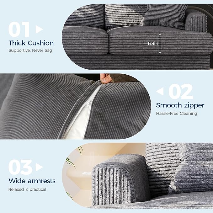 IDEALHOUSE Modern 86 Corduroy Sofa with 2 Throw Pillows Deep Seat Couch with Upholstered Cushion &amp Removable CoverComfy Corduroy Sofa Couch for Small Space Apartment Lounge Grey