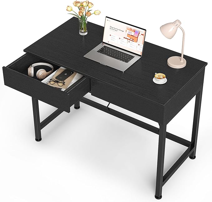 Mexin Small Black Desk with 2 Wooden Drawers 40 Inch Home Office Writing Desk Black Vanity Desk with Storage Computer Desk for Bedroom Small Spaces Table for Office Work Kids Study Makeup