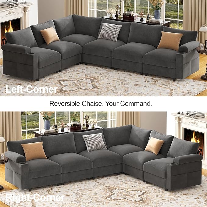 Sectional Couches for Living Room FSC Certified Velvet Modular Couch Oversized Cloud U Shaped Convertible Sleeper Sofa Chaise Detachable Armrest Cushion (Velvet Grey L Shape Corner 6 Seat)