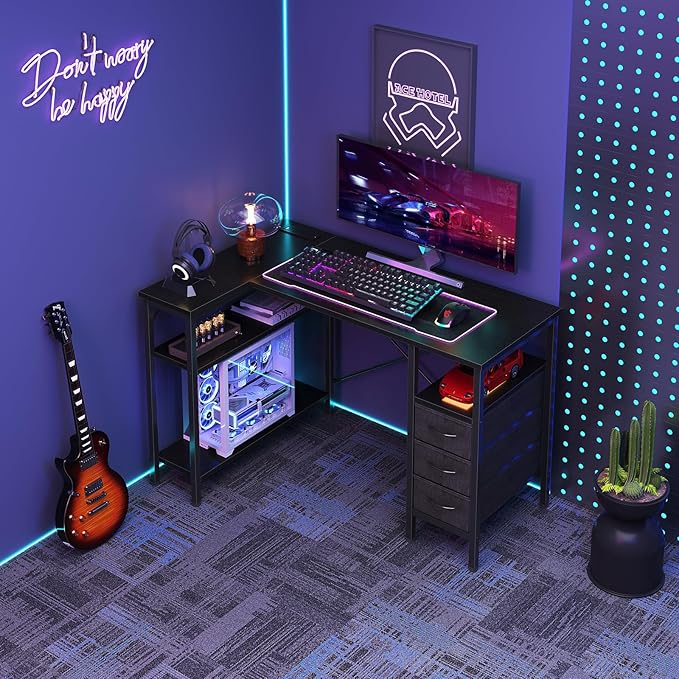 DUMOS L Shaped Desk with Shelf Drawers 47 Inch Black Corner Computer Desks Gaming with Power Outlet Study Table with Adjustable Shelves Home Office Tables for Bedroom Teacher Reading Writing