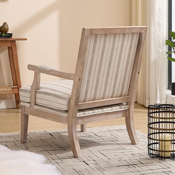 Modern Farmhouse Striped Accent Chair Wide Upholstered Living Room Chair with Armrest Pads Coastal French Country Wooden Armchair for Bedroom Guest Room Striped Linen Fabric