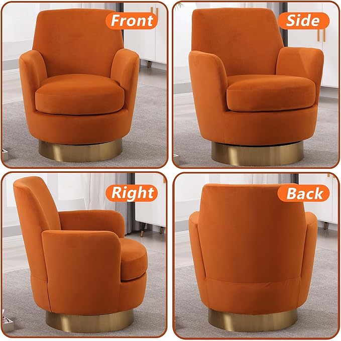 Velvet Swivel Accent Chairs for Living RoomComfy Swivel Barrel Chair with Foam Cushion Round Swivel Chair &amp Boucle Swivel Chair with High Back Round Armrest Gold Base (Orange 2)