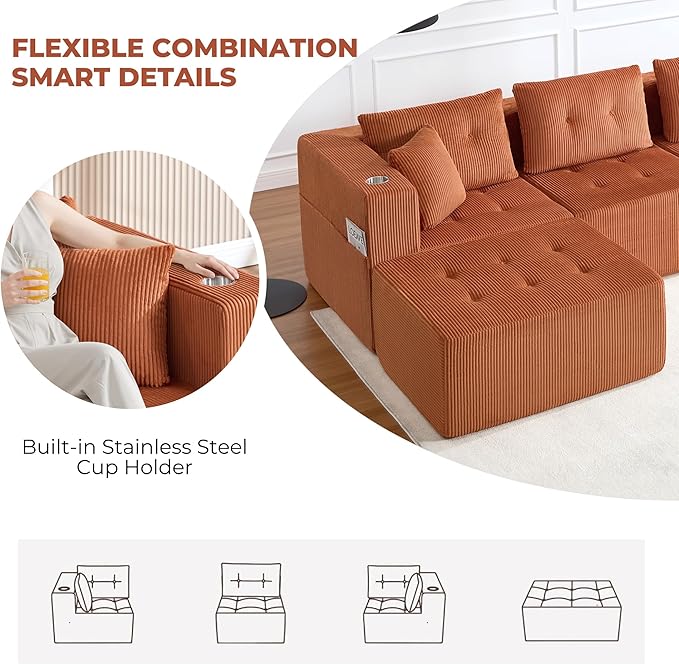 128 U Shaped Modular Sectional Sofa Oversized 6-Seater Boneless Tufted Cloud Couch with Cup Holder and Movable Ottoman Corduroy Upholstery Couches for Living Room No Assembly Orange