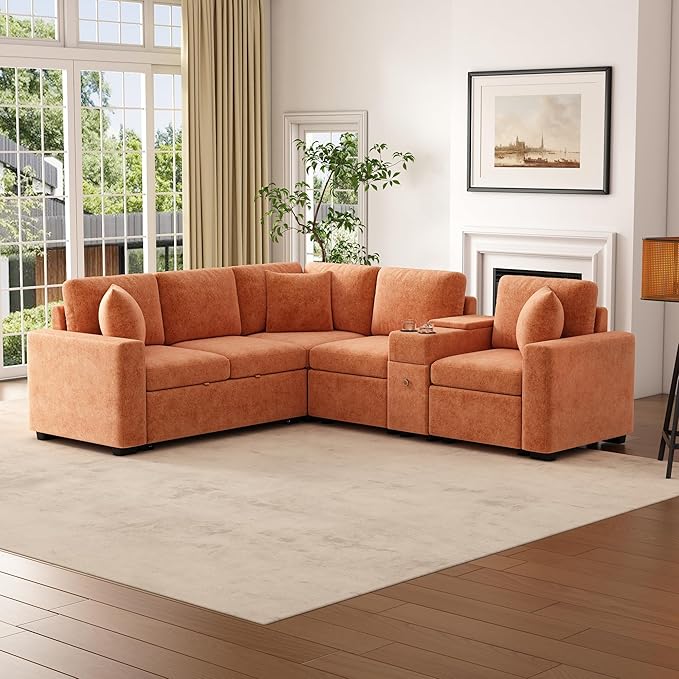 120.5 L-Shaped Convertible Sofa Bed with Pull-Out Bed Chenille Modular Sectional Sofa Reversible Sleeper with Cup Holders and Ample Storage Space for Living Room (Orange-120.5D)