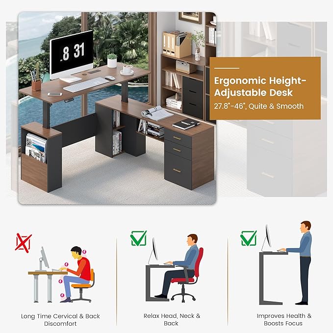 JOMEED 63 L Shaped Electric Standing Desk with Storage Executive Adjustable Height with Power Outlets and Privacy PanelBrown and Black