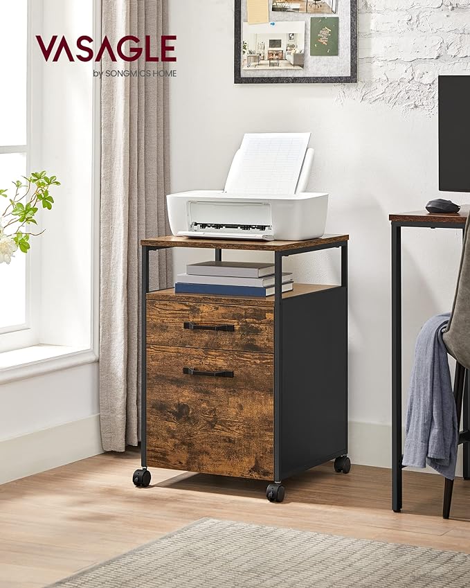 VASAGLE File Cabinet Mobile Filing Cabinet with Wheels 2 Drawers Open Shelf for A4 Letter Size Hanging File Folders Rustic Brown and Ink Black UOFC71X