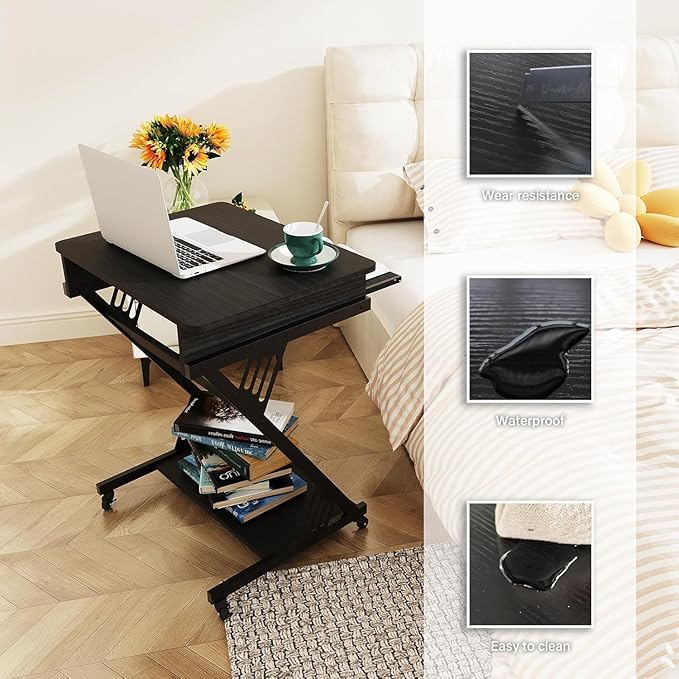 Computer Desk with Keyboard Tray 23.6 inch Rolling Small Desk with Wheels Computer Cart with Storage Mobile Desk Z Shaped for PC Home Office Black