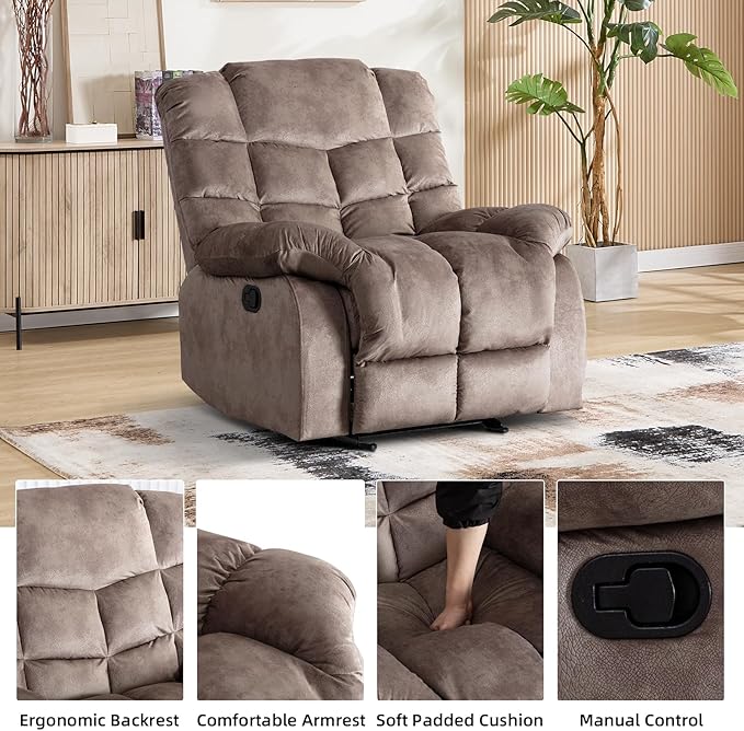 EBELLO Manual Recliner Chair Soft Fabric Reclining Chair with Soft Padded Headrest and Armrest Overstuffed Single Sofa for Living Room Brown
