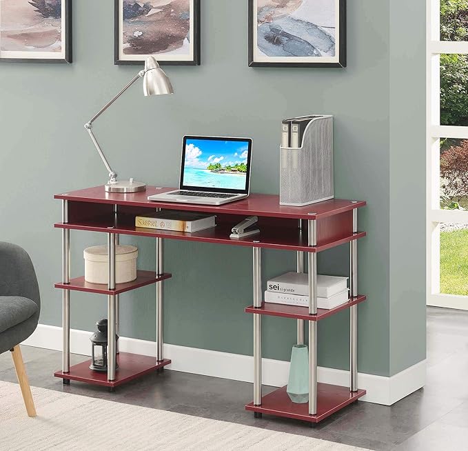 Convenience Concepts Designs2Go No Tools Desk Home Office Desk with Shelves Corner Shelf Vanity Desk Computer Desk Nail Table for Nail Tech - 47.25 L x 15.75 W x 30 H Dark Cranberry Red