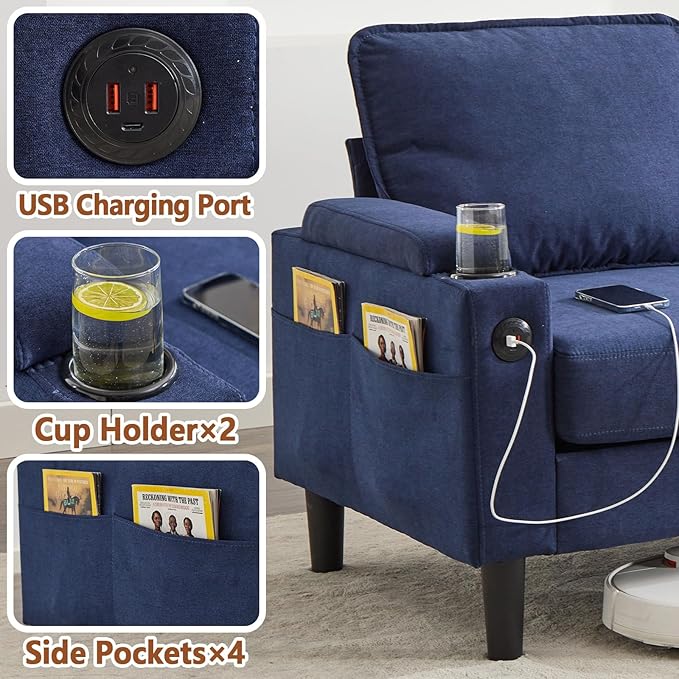 78 3 Seater Couch with Storage Ottoman/Cup Holders/USB Gray Small Sectional Couches for Living Room Cloud l Shaped Sofa for Small Spaces Apartment (Blue)