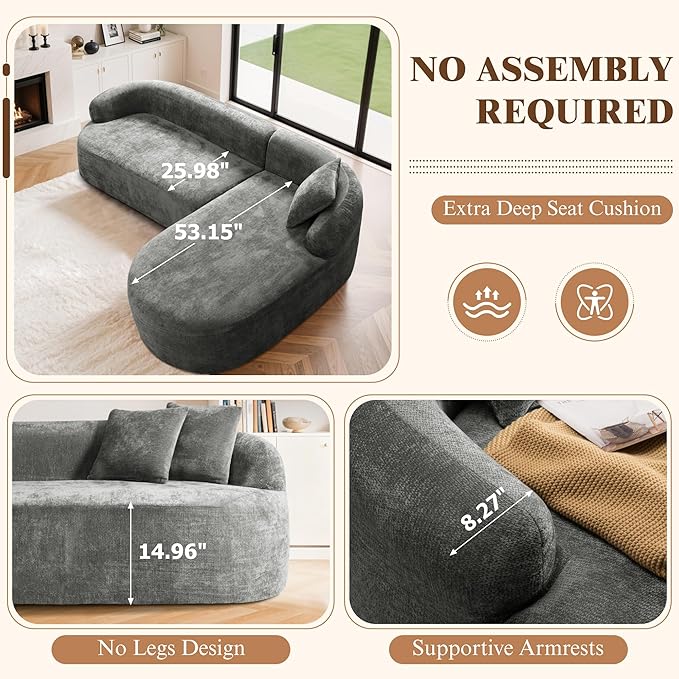 108 Cloud Modular Sectional Couch Modern Boneless Couches with Deep Seat L Shaped Sofa for Living Room No Assembly Required Chenille (Gray Right Chaise+Left Sofa) | No Assembly Needed