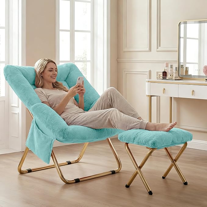 Comfy Saucer Chair for Adults Foldable Living Room Chairs Soft Faux Fur Lounge Chair for Bedroom Reading Chairs X-Large (Ottoman-Mint)