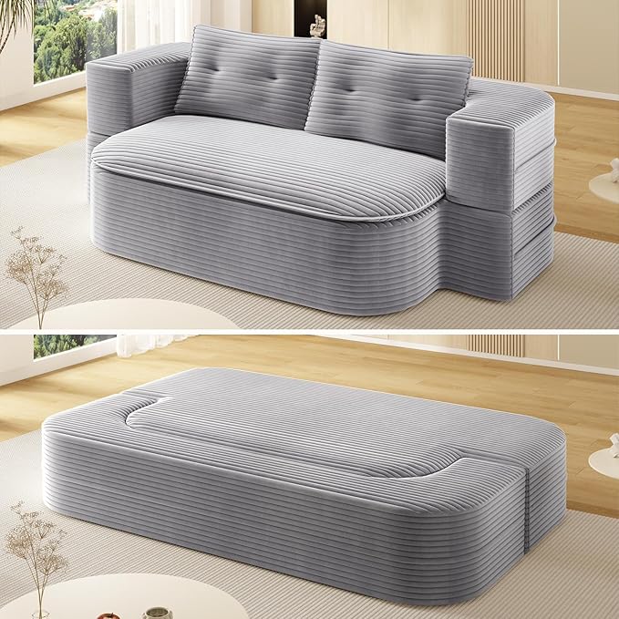 80 Convertible Folding Sofa Bed with Multi Functional BlanketKing Size Folding Mattress Sleeper Cloud Floor CouchCorduroy Boneless Sectional Couches for Living Room Bedroom (Light Grey)