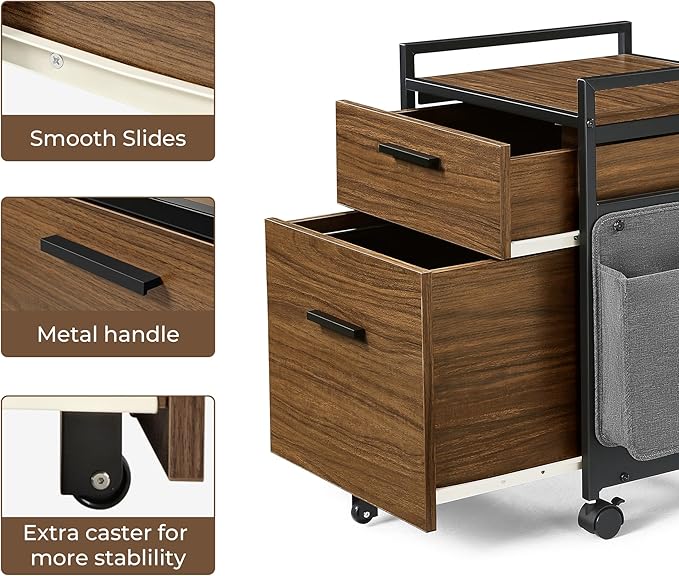 EUREKA ERGONOMIC 2-Drawer Mobile File Cabinet with Wheels Solid Wood Rolling Storage Cabinet for Home Office Space-Saving Under Desk Organization with Printer Stand Walnut