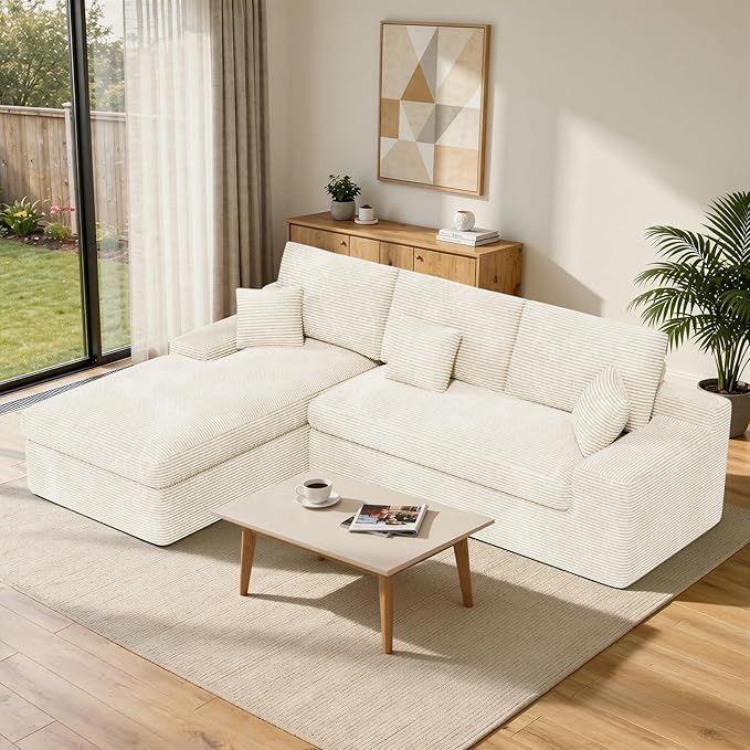 112 Modular Sectional Sofa for Living Room Convertible L-Shape Couch with OttomanCloud Boneless Couch with Layered CushionBeige Corduroy