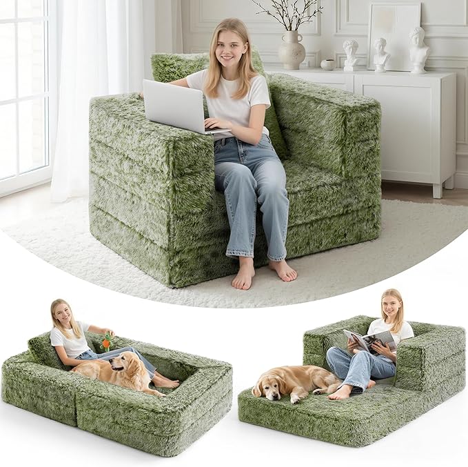 HABUTWAY Convertible Sofa Bed 3-in-1 Futon Sofa Bed with Pillow Foldable Pull Out Floor Sofa Bed with Removable Cover Plush Boneless Couch for Living Room/Bedroom/Dorm