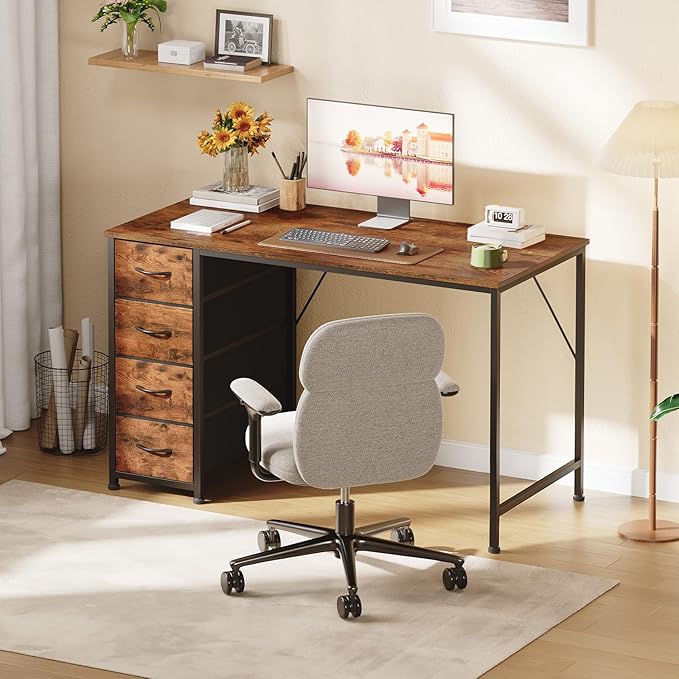 Somdot 47 Computer Desk with 4 Drawers for BedroomSimple Home Office Writing DeskGaming Table with StorageModern Work for Home Office Study Living RoomWood Grain Print