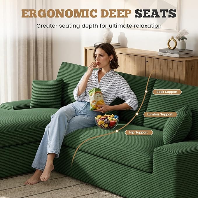 112 Modular Sectional Sofa for Living Room Convertible L-Shape Couch with OttomanCloud Boneless Couch with Layered CushionGreen Corduroy