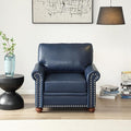 35 Faux Leather Pu Armchair Classic Vegan Leather Accent Chair Elegance Single Seat with Rolled Armrests Nailhead Trim Wood Legs Traditional Living Room 1 Seat-Navy Blue