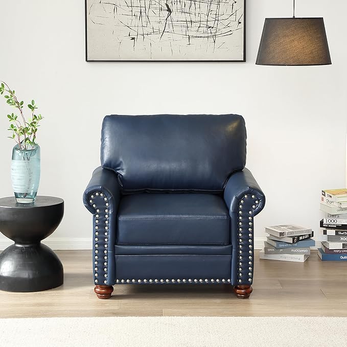 35 Faux Leather Pu Armchair Classic Vegan Leather Accent Chair Elegance Single Seat with Rolled Armrests Nailhead Trim Wood Legs Traditional Living Room 1 Seat-Navy Blue