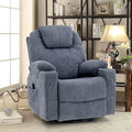 Manual Swivel Glider Rocker Recliner Chair with Massage and Heat 2 USB Ports 2 Cup Holders 2 Side Pockets and 2 Front Pockets Fabric (Grey-Blue)