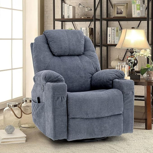 Manual Swivel Glider Rocker Recliner Chair with Massage and Heat 2 USB Ports 2 Cup Holders 2 Side Pockets and 2 Front Pockets Fabric (Grey-Blue)