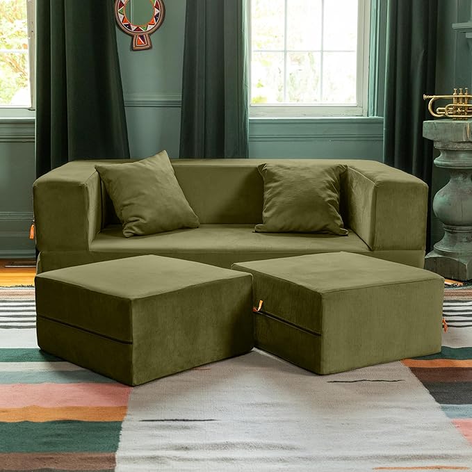 Jaxx Zipline Convertible Sleeper Loveseat &amp Ottomans/Queen-Size Bed Moss