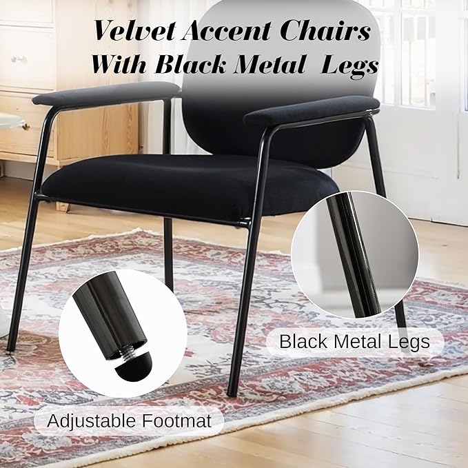 Accent Chair Set of 2 Velvet Upholstered Armchair Reading Side Chair Comfy Living Room Chair with Black Metal Legs for Bedroom Waiting Room Black