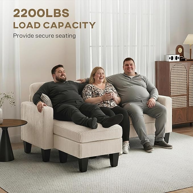 HOMCOM 73 Sectional Sofa L Shaped Couch with Reversible Chaise or Ottoman Corduroy 3 Seat Sectional Couch for Living Room Bedroom Apartment 2200lb Capacity Cream White