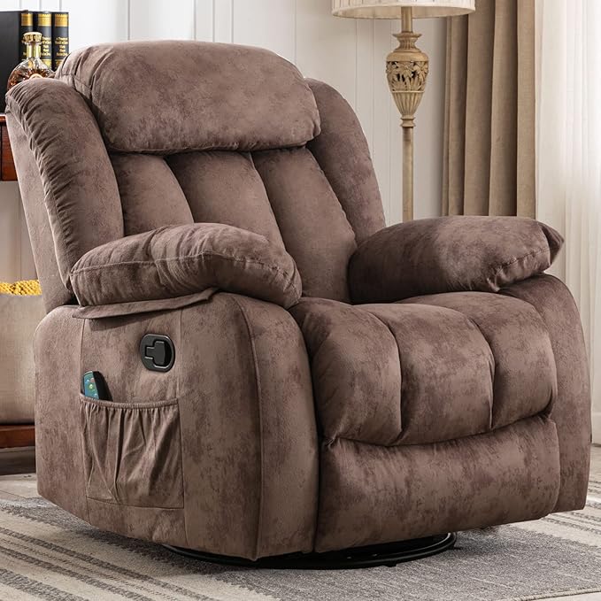 CANMOV Massage Rocker Recliner with Heat and Vibration 360 Degree Swivel Manual Antiskid Fabric Single Sofa Heavy Duty Reclining Chair for Living Room Dark Brown