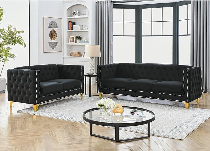 Velvet Living Room Sofa Set of 2 Comfy Loveseat and 3 Seater Couch Modern Sofa with Tufted Back and Rivet Decoration Upholstered Long Couch with Solid Golden Metal Tapered Legs Black
