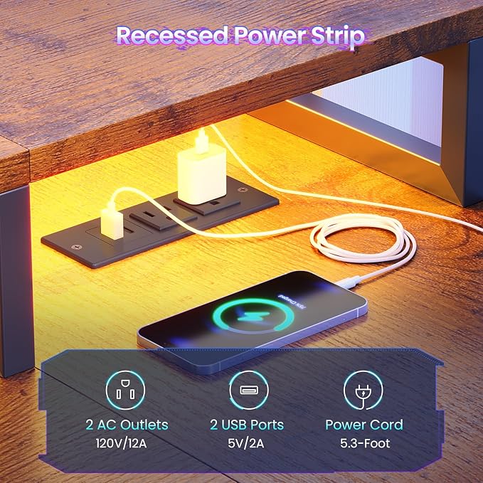 SEDETA 59Inch L Shaped Gaming Desk with PC Display Stand Reversible Computer Desk with Storage Shelves 4 Drawer &amp LED Lights Modern Gamer Desk Table with Power Outlet Monitor Stand Rustic Bro