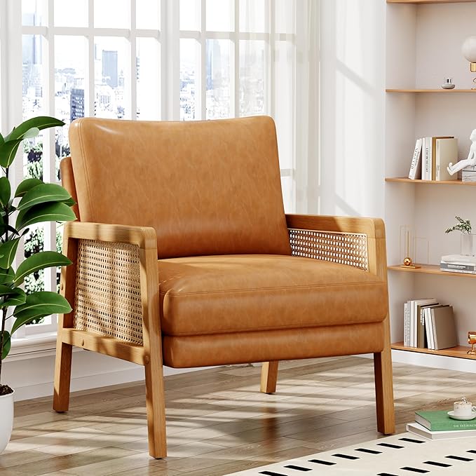 WENTMENT Faux Leather Accent Chair Armchair with Natural Rattan Armrest and Removable Backrest Upholstered Living Room Chair Comfy Single Sofa Chair for Reception Room/Hosting Room/Bedroom(Brown)