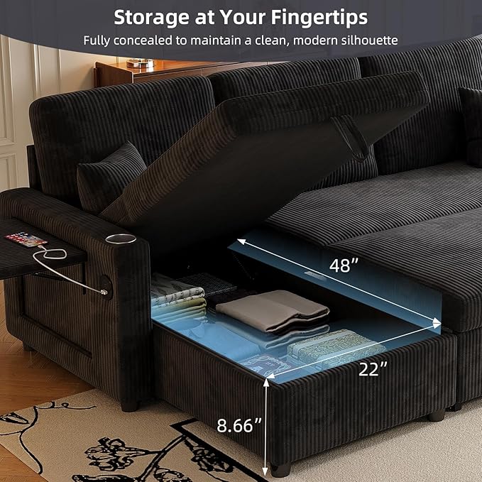 L-Shape Sleeper Sofa with Pull-Out Couch Bed Storage &amp Ports Cup Holders Side Pockets &amp Side Table for Living Room Apartment Jet Black