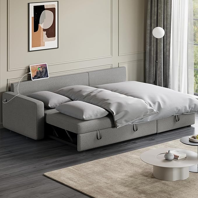 Yaheetech Sectional Sofa L-Shaped Sofa Couch Bed w/Chaise &amp USB Reversible Couch Sleeper w/Pull Out Bed &amp Storage Space Living Room Light Gray